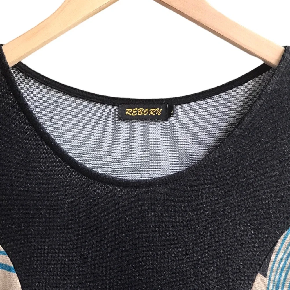 REBORN Boho Swirls Dress Pockets Size L Black Blue Art Deco 3/4 Sleeves Comfy